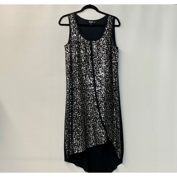 Womens Party Dress Size Medium Silk Blend Sequin Cocktail Tank DKNY Black Silver - Picture 1 of 9